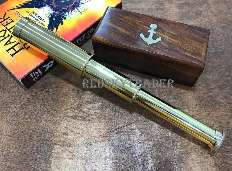 RedSkyTrader Brass 9" Handheld Brass Telescope Nautical Pirate Spy Glass with Box Rustic Vintage Home Decor Gifts - Image 3